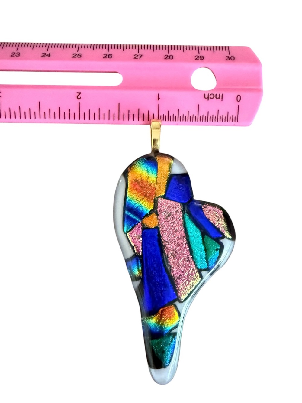 Vintage Dichroic Glass Asymmetrical Heart Pendant- Flat Back Art Glass Colorful - Picture 5 of 8
